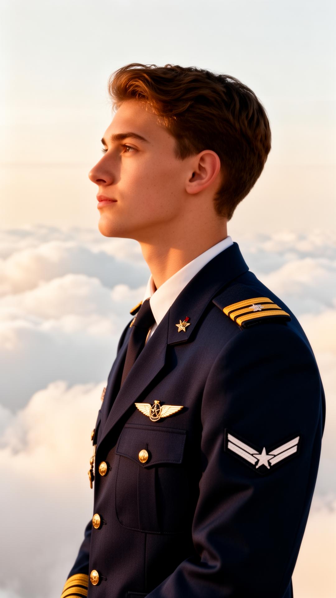 A young uniformed cadet pilot looking toward the horizon