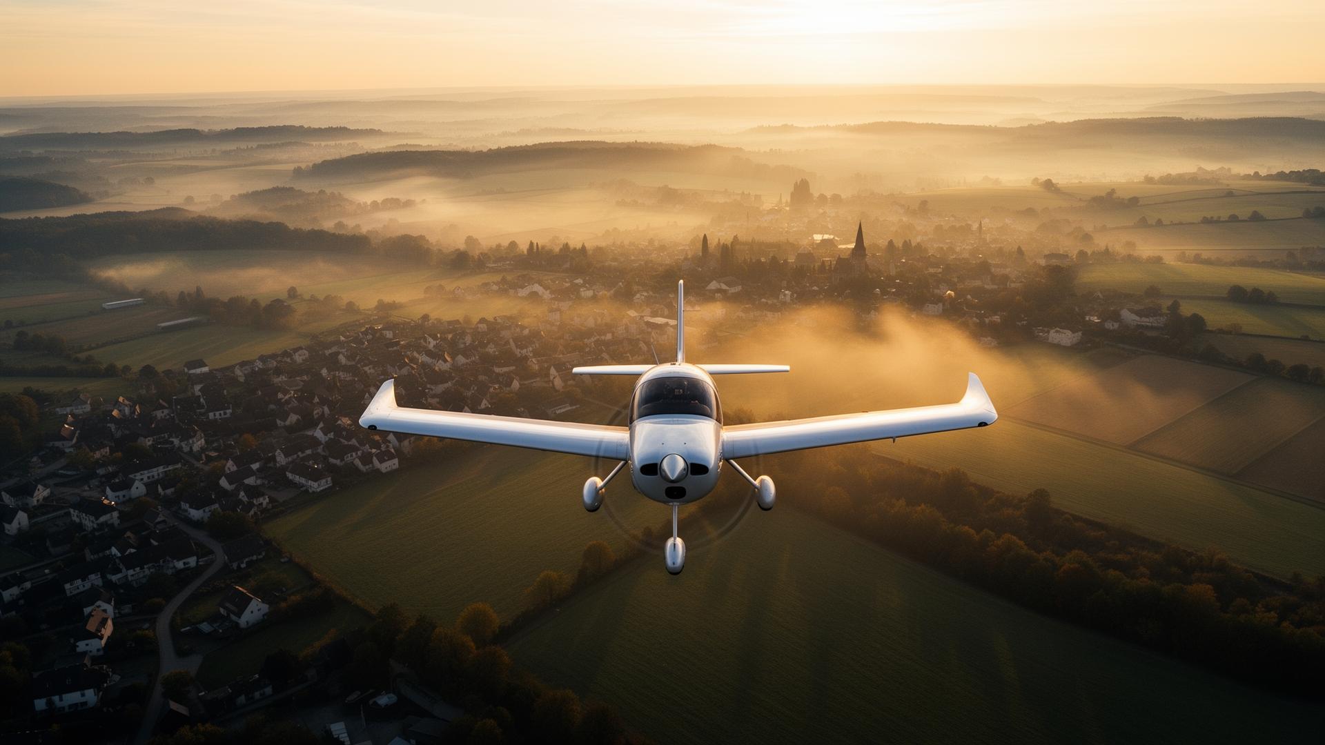 Training aircraft flying low over a misty European countryside at sunrise